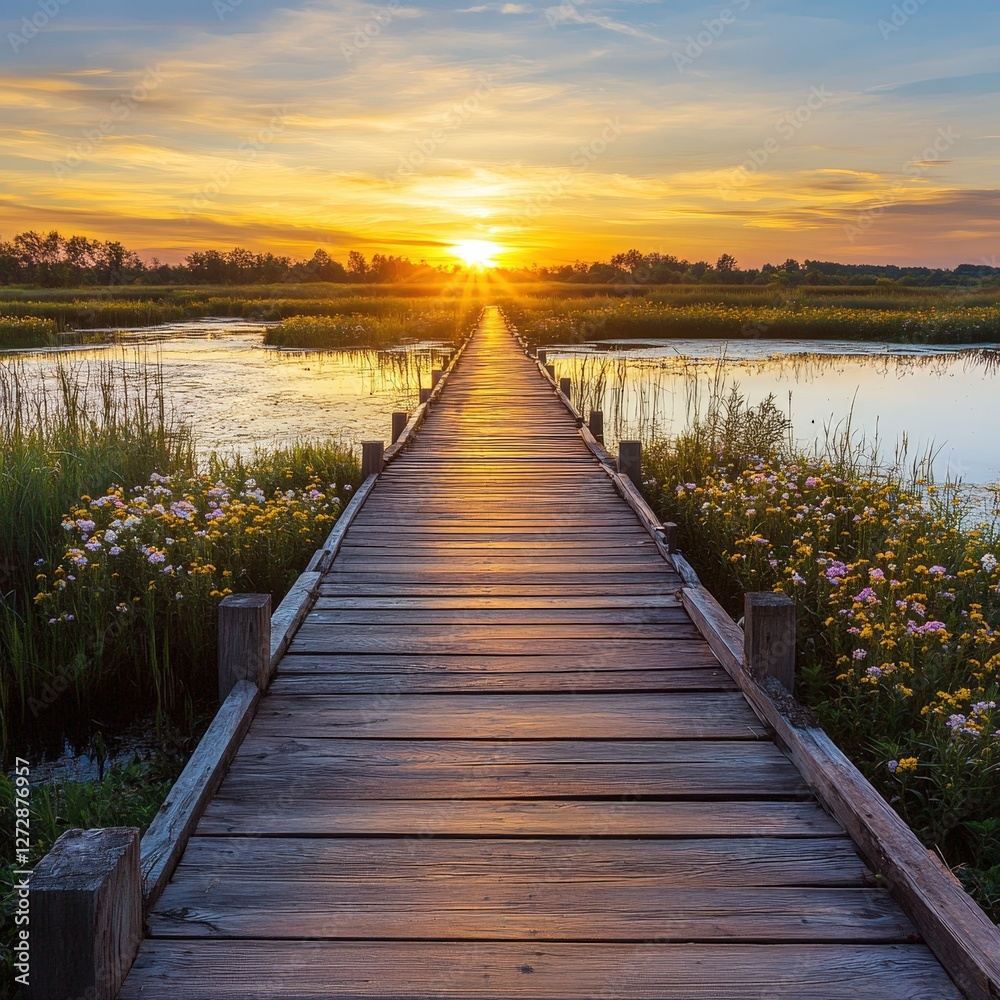 Obraz premium Serene Sunset Over Tranquil Waterway with Wooden Boardwalk Surrounded by Lush Greenery and Vibrant Wildflowers in Scenic Landscape