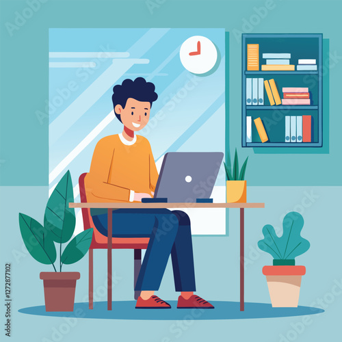 a boy is using his laptop vector