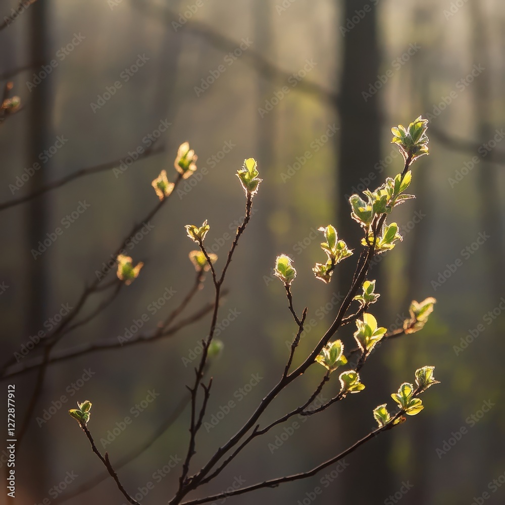 Soft Morning Light Illuminates New Leaves on a Delicate Branch Surrounded by a Misty Forest, Capturing the Essence of Nature's Rebirth in Springtime