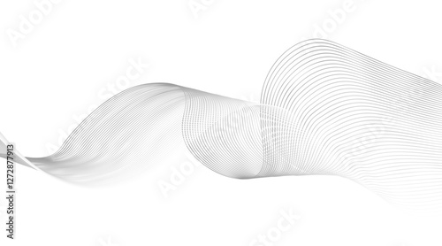 Stylized line art background. Vector illustration. Wave with lines. Abstract gray smooth flowing wave lines on a white background. Dynamic sound wave element design. 