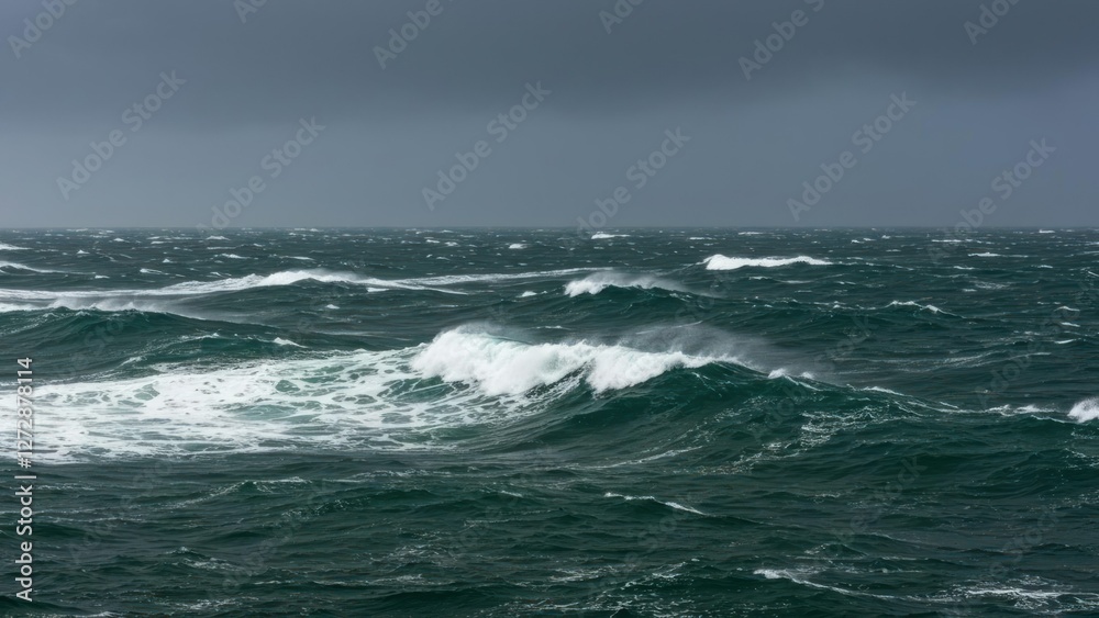 Dramatic ocean waves under stormy skies create a moody atmosphere. Dramatic ocean waves under stormy skies create a moody atmosphere.