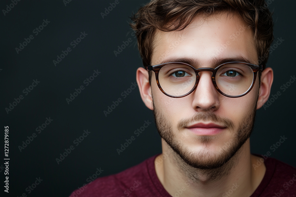 optimistic, portrait of a young european man wearing glasses, studio lighting, Burgundy and Light gray style optimistic, portrait of a young european man wearing glasses, studio lighting, Burgundy and Light gray style