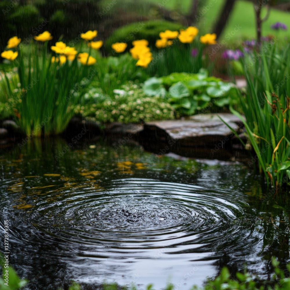 Fototapeta premium Tranquil Garden Scene with Rippling Water Surface Surrounded by Yellow Flowers and Lush Greenery in a Serenity-Inducing Natural Setting