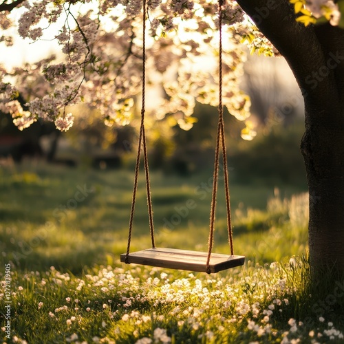 Tranquil Spring Scene Featuring a Wooden Swing Beneath a Blossoming Tree Surrounded by Soft Sunlight and Vibrant Green Grass in a Peaceful Outdoor Setting