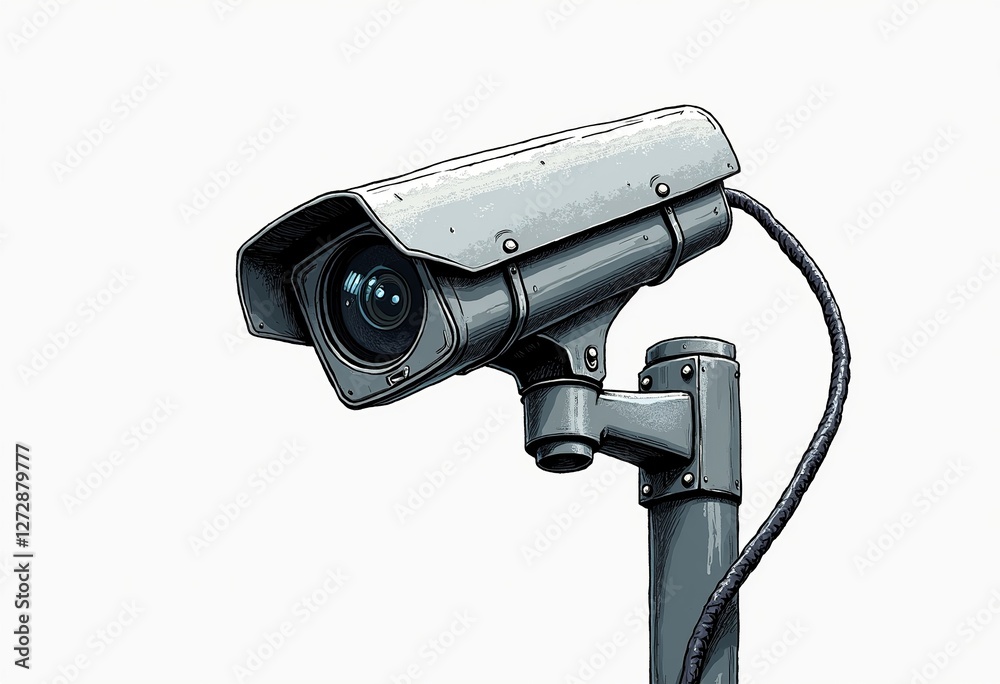 Security Camera Drawing: Pole Mounted, Dotting Shading, Simple Realistic Style, Looking Left, White Background, Surveillance Theme.
Security Camera Drawing: Pole Mounted, Dotting Shading, Simple Realistic Style, Looking Left, White Background, Surveillance Theme.