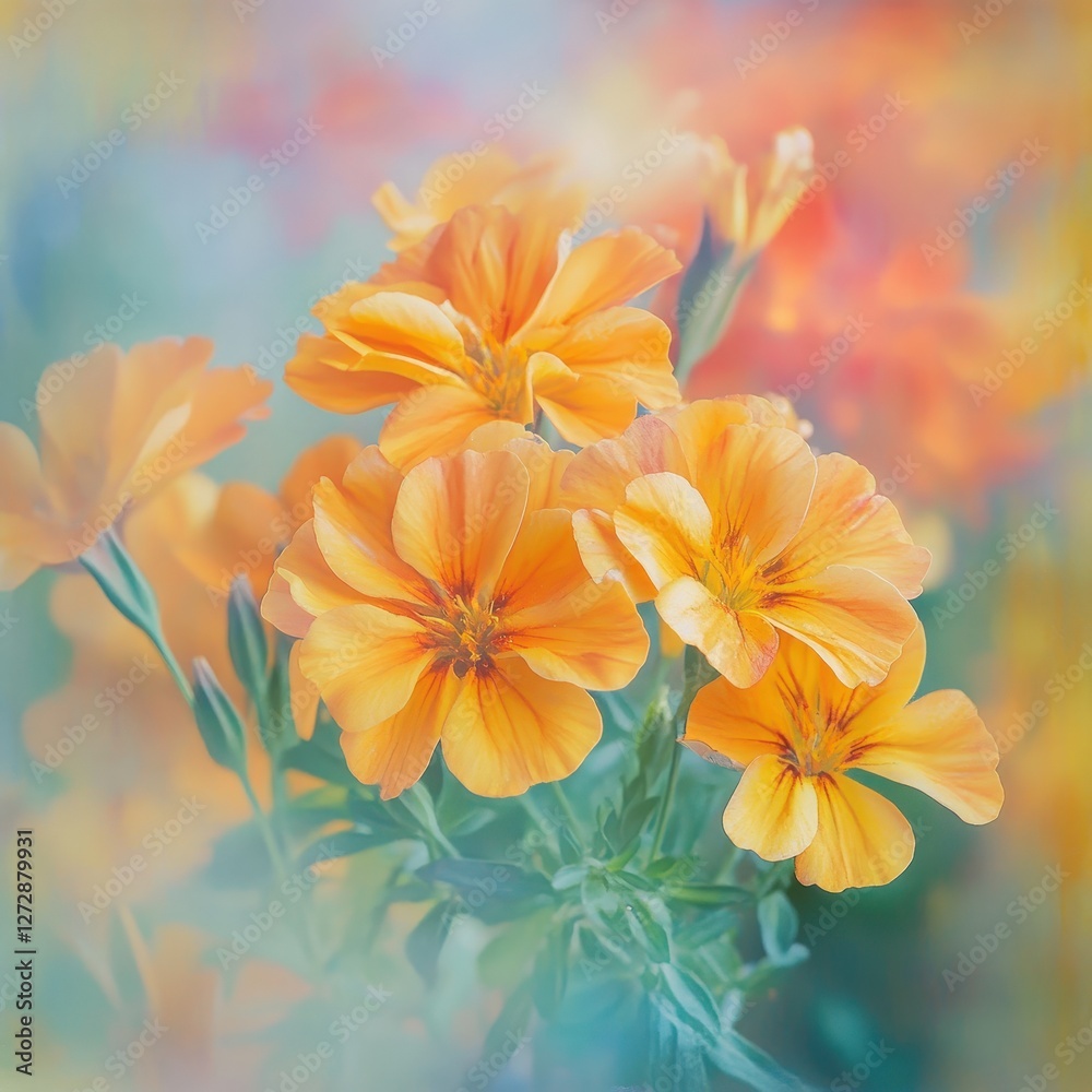 Fototapeta premium Vibrant and Soft Orange Marigold Blooms in a Dreamy Floral Scene With Subtle Pastel Background and Soft Focus Effects for Botanical Photography