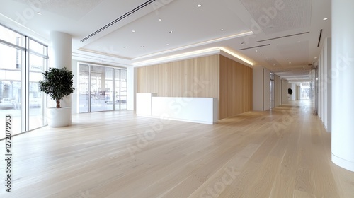 Wallpaper Mural Modern office lobby, wood floors, plant, city view Torontodigital.ca