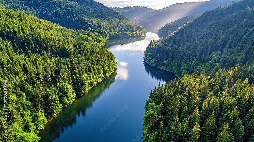 Fototapeta premium Tranquil lake surrounded by dense green forest covered mountains
