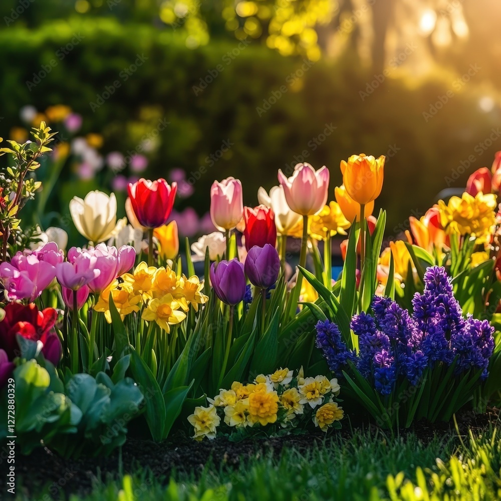 Obraz premium Vibrant Garden Display Featuring Colorful Tulips and Hyacinths Bathed in Golden Hour Light, Showcasing Nature's Beauty in Blooming Springtime Setting