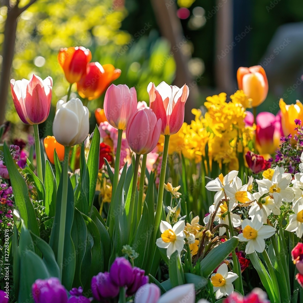 Obraz premium Vibrant Garden Scene with Colorful Tulips and Daffodils in Full Bloom on a Bright Sunny Day, Perfect for Spring and Floral Themes in Advertising and Design