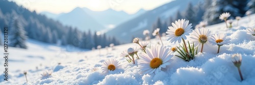 Frozen daisies on a snowy hillside in the distance, landscape, winter