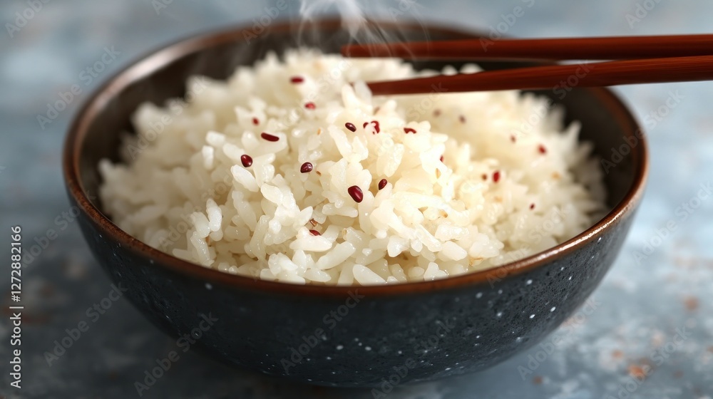 Steaming quinoa rice in a bowl, chopsticks, textured surface Steaming quinoa rice in a bowl, chopsticks, textured surface
