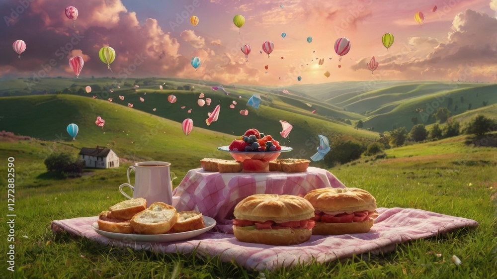 Fototapeta premium Gravity-Defying Picnic: A Surreal Feast Floating in a Dreamy Meadow