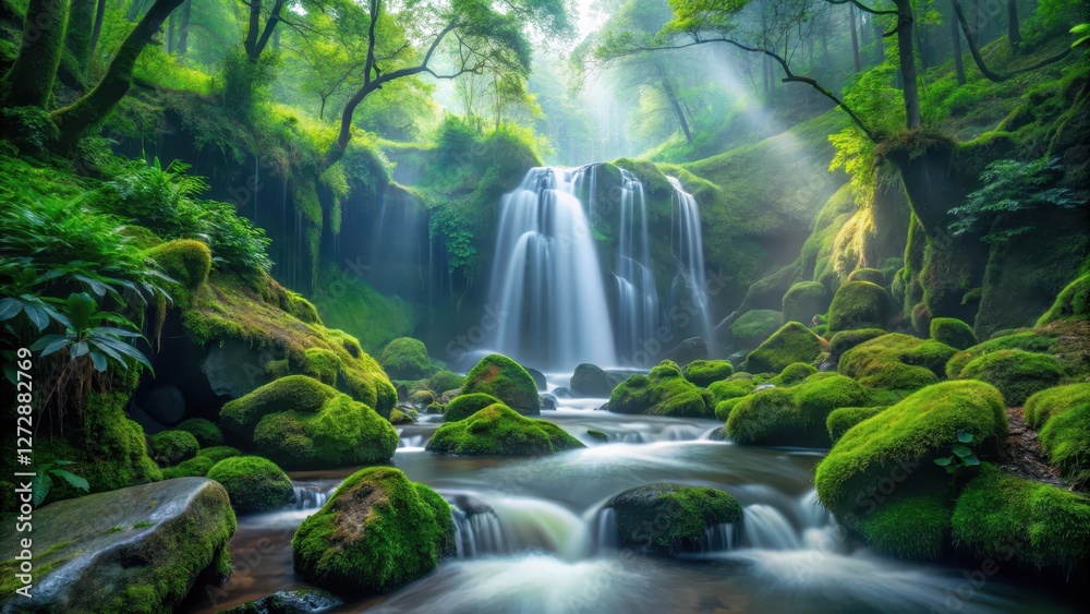 Fototapeta premium Dense foliage surrounds a serene natural waterfall cascading down moss-covered rocks in a misty forest environment