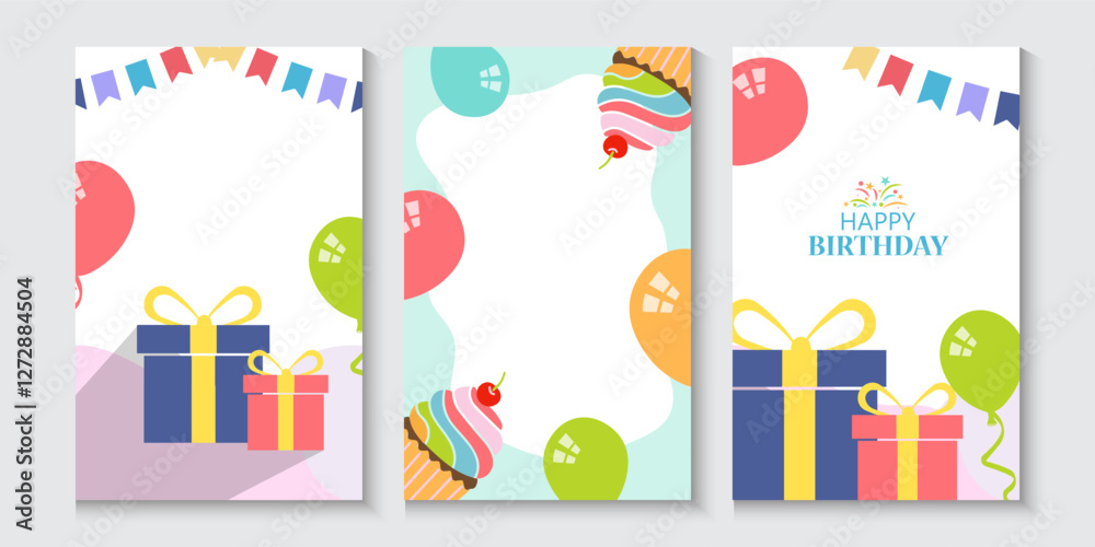 Obraz premium Happy birthday greeting card poster collection set, Birthday greeting template design with cupcake and colorful balloons decoration elements for party invitation card background.