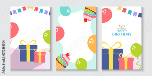 Happy birthday greeting card poster collection set, Birthday greeting template design with cupcake and colorful balloons decoration elements for party invitation card background.