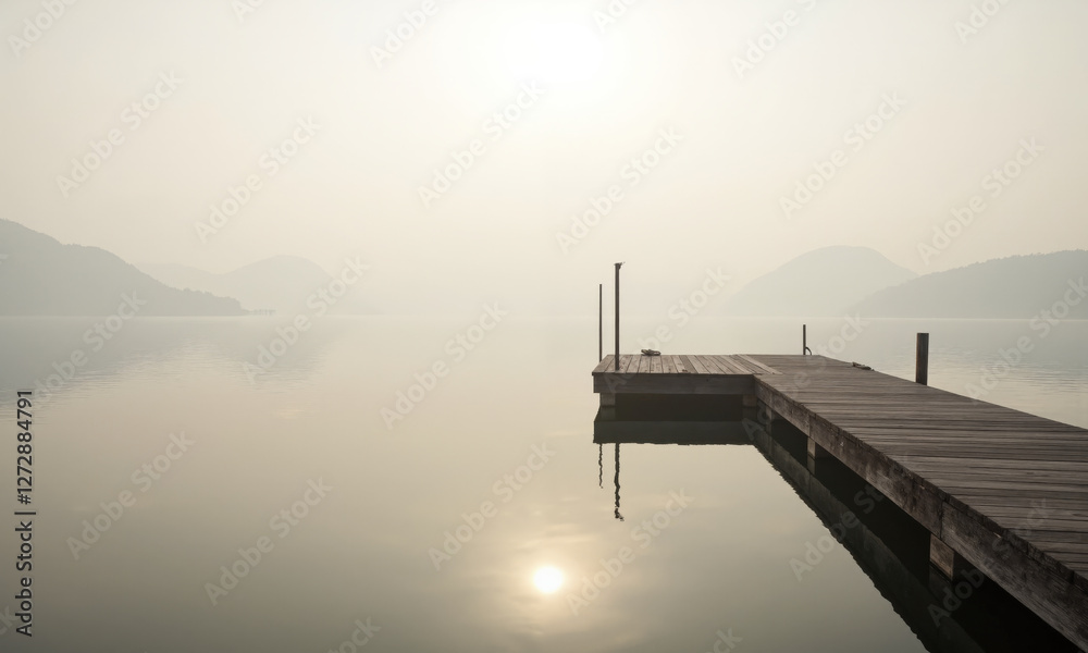 Obraz premium A single wooden pier extending into a calm lake, surrounded by soft fog and muted pastel tones.