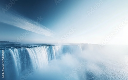 Majestic waterfall cascading into mist at dawn near the tranquil riverbank in a serene natural landscape