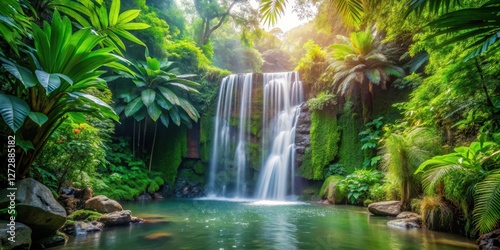Jungle waterfall with tropical plants', tropical plants, serene atmosphere