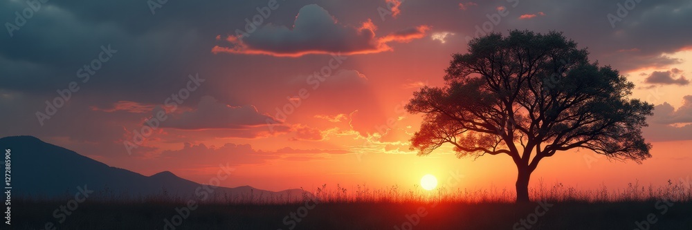 Fototapeta premium Breathtaking sunset with a silhouette of a tree against vibrant skies, capturing the beauty of nature and tranquility, perfect for backgrounds or eco-focused projects.
