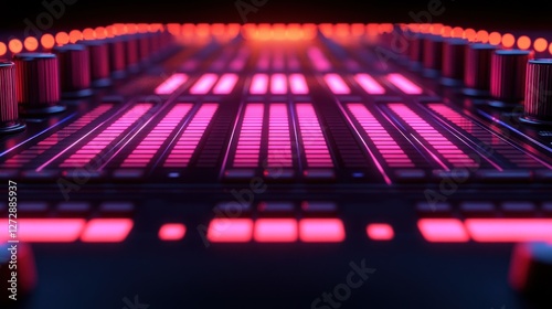 Studio mixing console, glowing controls, dark background, audio production photo