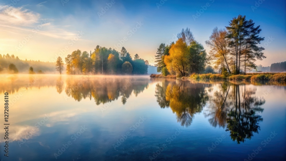 Serene lake scene with misty morning atmosphere and reflections on calm water surface , misty, morning Serene lake scene with misty morning atmosphere and reflections on calm water surface , misty, morning