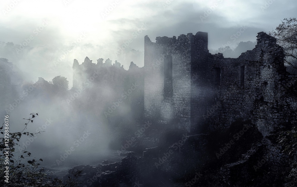 Mysterious ruins emerge through morning mist at an ancient site during early morning hours Mysterious ruins emerge through morning mist at an ancient site during early morning hours