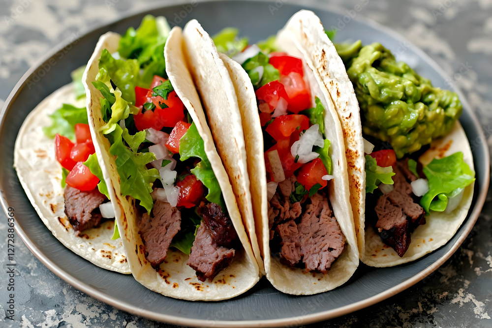 Delicious beef tacos with salsa, lettuce, and guacamole Delicious beef tacos with salsa, lettuce, and guacamole
