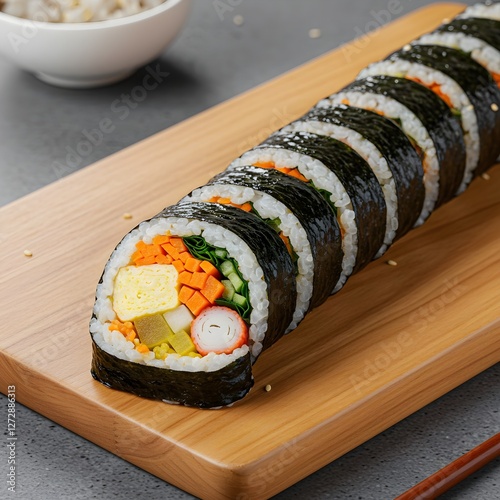 Rollos de gimbap coreanos recién hechos con rellenos coloridos sobre una tabla de madera photo