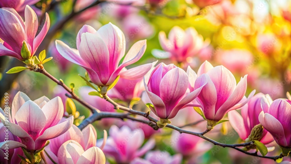 Close-up of delicate pink magnolia flowers blooming in vibrant spring colors, showcasing intricate details and soft petals Close-up of delicate pink magnolia flowers blooming in vibrant spring colors, showcasing intricate details and soft petals