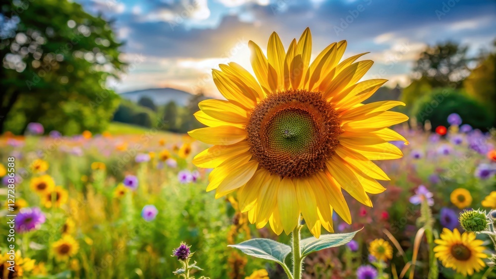 sunflower blooming in a vibrant summer garden filled with yellow petals and seeds, countryside sunflower blooming in a vibrant summer garden filled with yellow petals and seeds, countryside