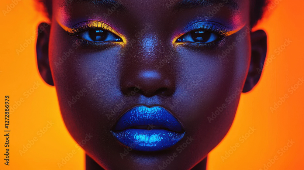 Bold beauty portrait featuring model with neon eyeshadow and electric blue lipstick on vibrant backdrop Bold beauty portrait featuring model with neon eyeshadow and electric blue lipstick on vibrant backdrop