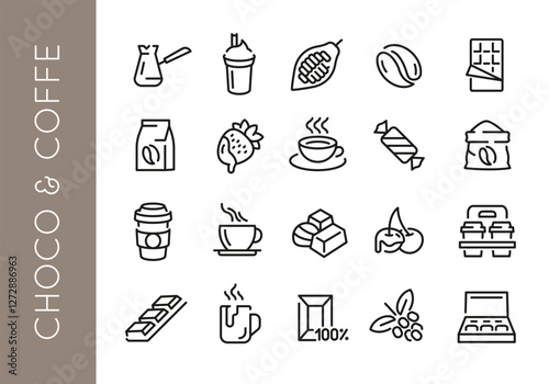Chocolate icons. Set of 20 chocolate trendy minimal icons. Example: Cocoa bean, Chocolate bar, Coffee and cookie icon. Design signs for web page, mobile app, packaging design. Vector illustration