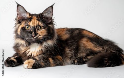 Maine Coon cat with a beautiful tortoiseshell coat resting on a light background in a cozy indoor setting