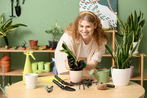 Φωτογραφία Pretty young woman with different tools transplanting sansevieria plant near tab