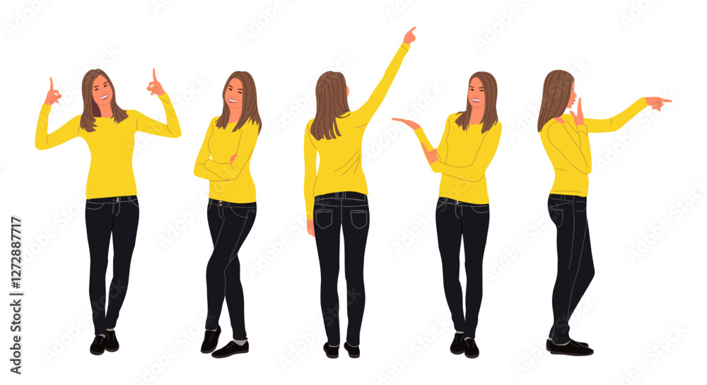 Obraz premium Business woman character standing in different pointing poses, front, side, back view. Pretty girl in smart casual outfit. Vector realistic people illustration set isolated