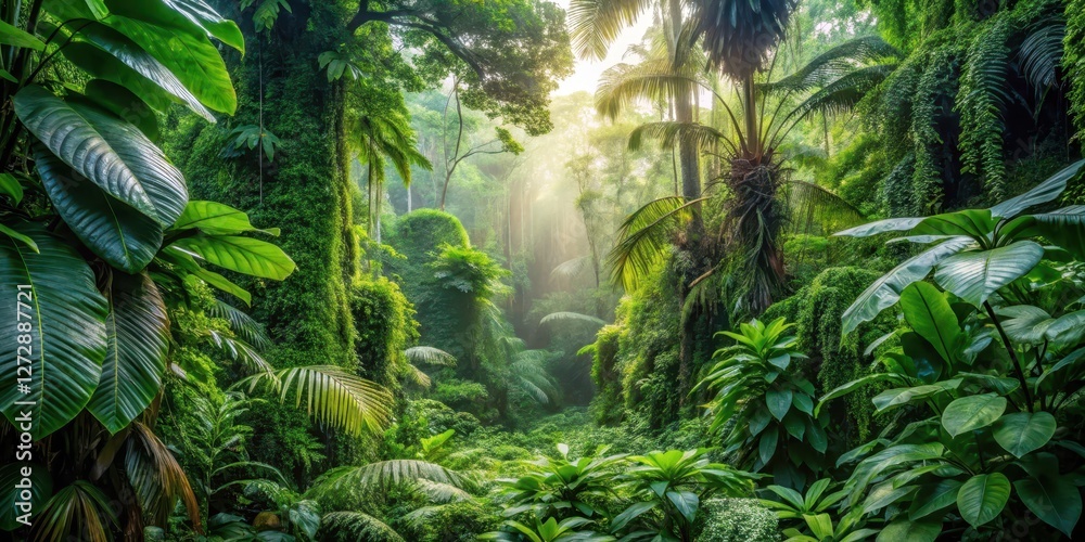 Fototapeta premium Dense foliage and lush greenery in a tropical jungle setting with towering trees and exotic plants surrounded by thick vines and creepers , tropical jungle, thick vines