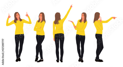 Business woman character standing in different pointing poses, front, side, back view. Pretty girl in smart casual outfit. Vector realistic people illustration set isolated