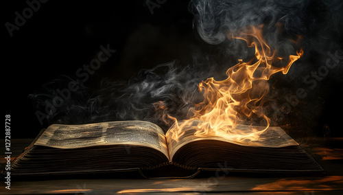 Burning Book , Book on Fire , opened book with burned pages