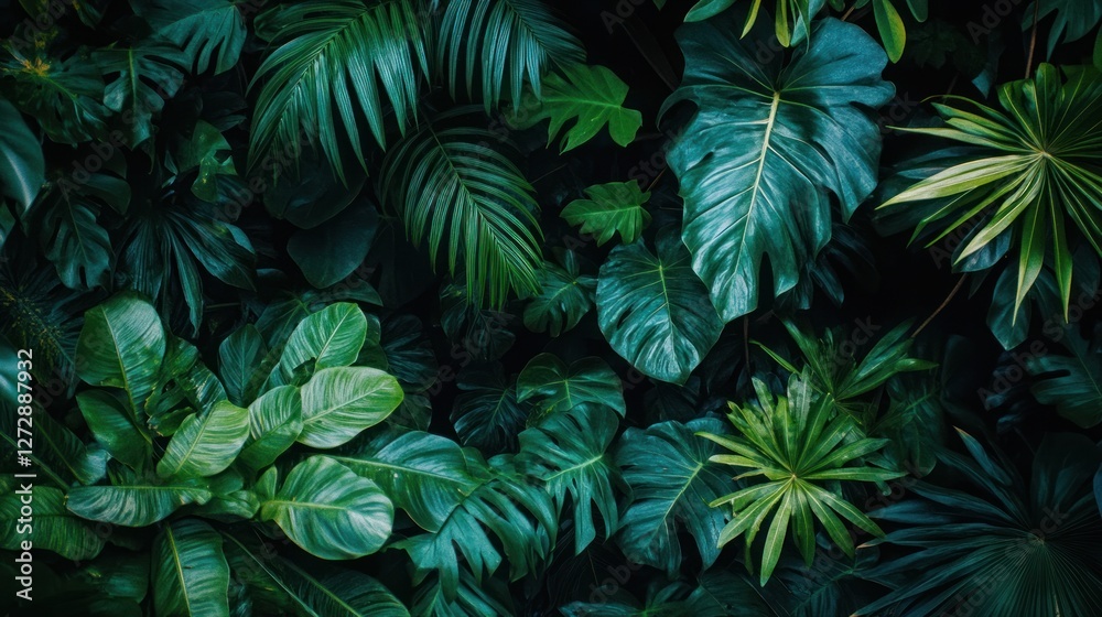 Lush tropical foliage background with various vibrant green leaves. Lush tropical foliage background with various vibrant green leaves.