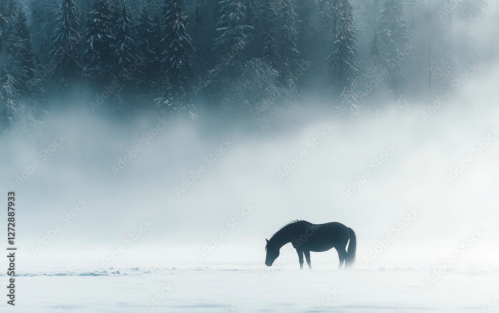 Majestic horse standing alone in a snowy landscape during foggy winter morning Majestic horse standing alone in a snowy landscape during foggy winter morning