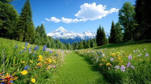 Fototapeta Naklejka Na Ścianę i Meble -  Path through wildflower meadow leads to snow capped mountains