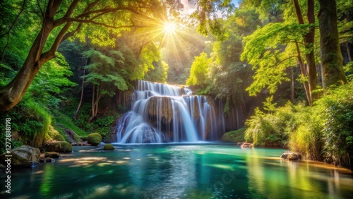 Serene waterfall surrounded by dense foliage and vibrant greenery, with sunlight filtering through the trees, creating a dappled effect on the water's surface , nature, sunlight