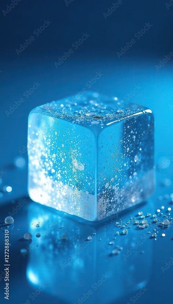Frozen ice cube with water droplets on blue background, clear, cold surface Frozen ice cube with water droplets on blue background, clear, cold surface