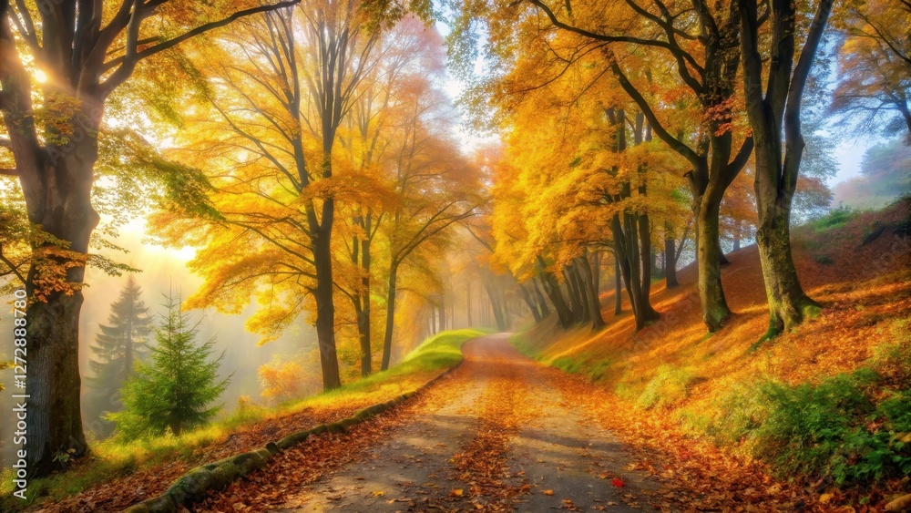 Fototapeta premium A serene misty autumn morning on a hillside with vibrant foliage and a winding path surrounded by golden leaves and tall trees , winding path, misty autumn