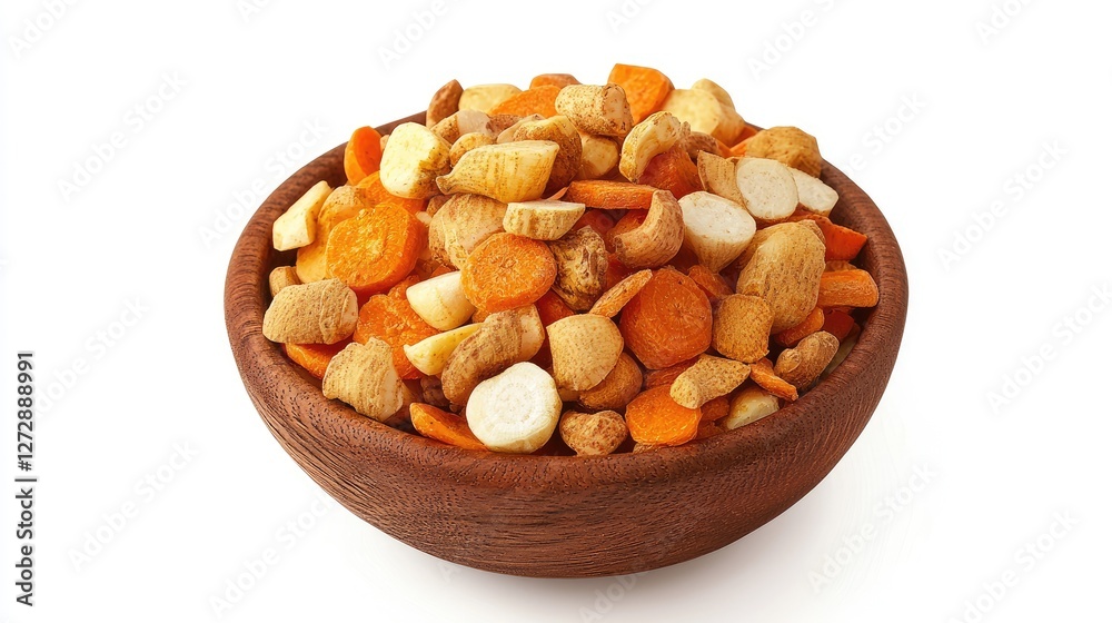 A bowl of mixed root vegetables like carrots, parsnips, and beets, isolated on white to represent winter harvest A bowl of mixed root vegetables like carrots, parsnips, and beets, isolated on white to represent winter harvest