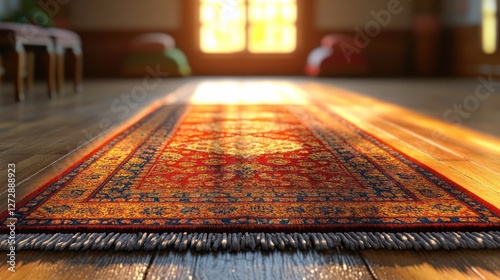 Sunlight highlights ornate rug on wooden floor photo