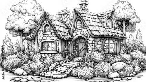 enchanting hand drawn fairytale cottage intricate zen tangle design for adult coloring book vector illustration
