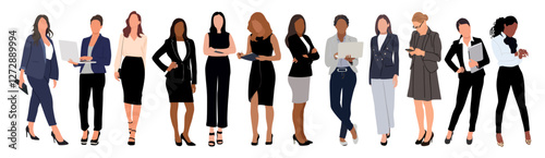 Business women collection. Vector realistic illustration of diverse multinational standing cartoon women in office formal suit outfits. Isolated on transparent background.