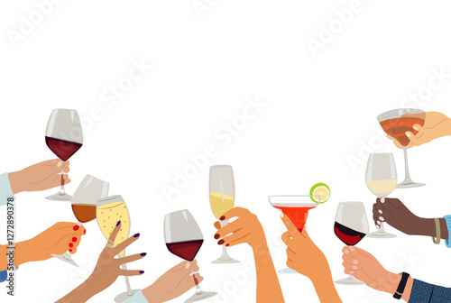 Celebration and festivity, isolated hands holding glasses with drink, champagne, wine, cocktail. Cheers border, banner, card, invitation template with copy space for text. Vector illustration